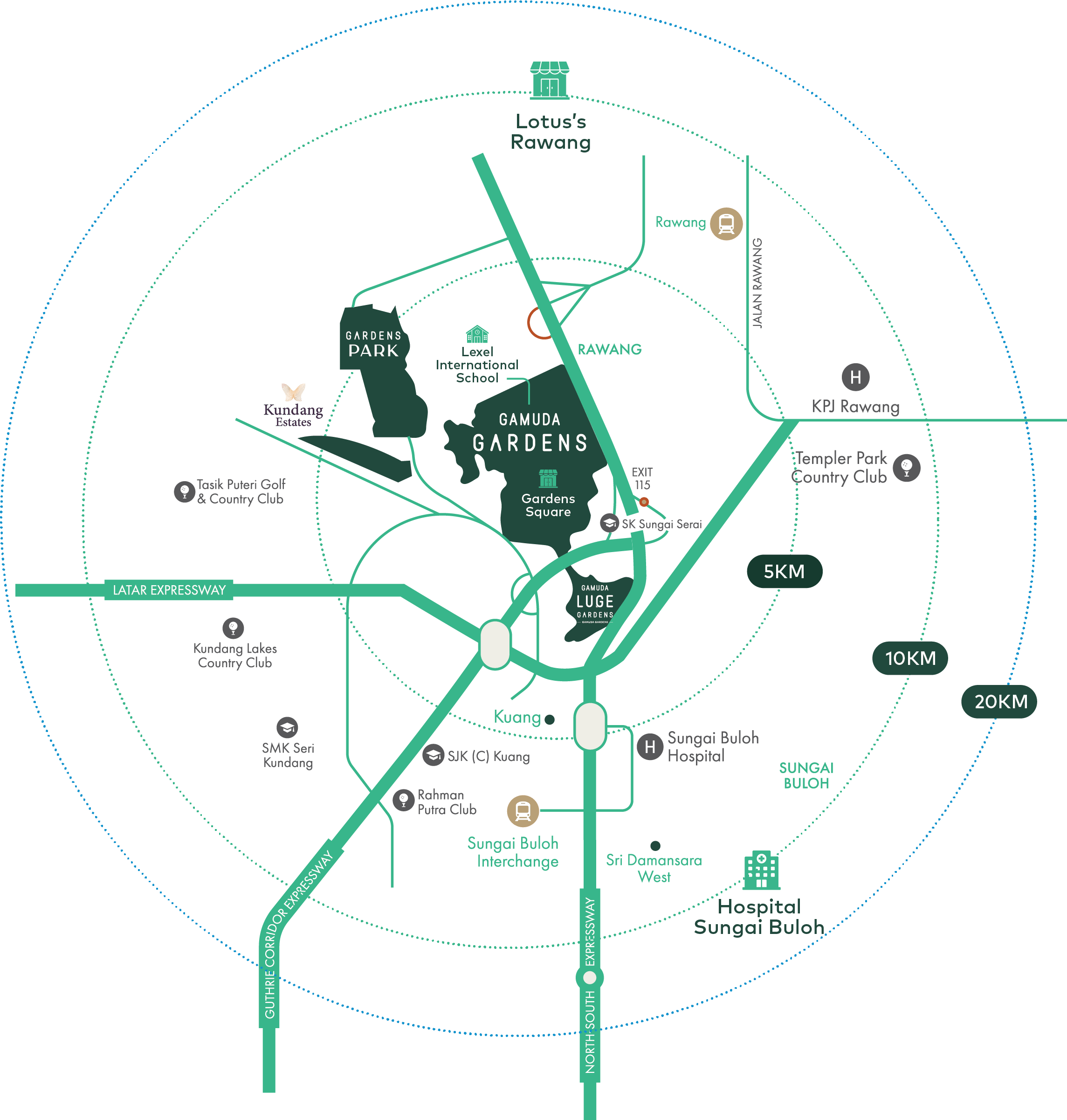 Map showing destinations within 5, 10 and 20 kilometres of Gamuda Gardens